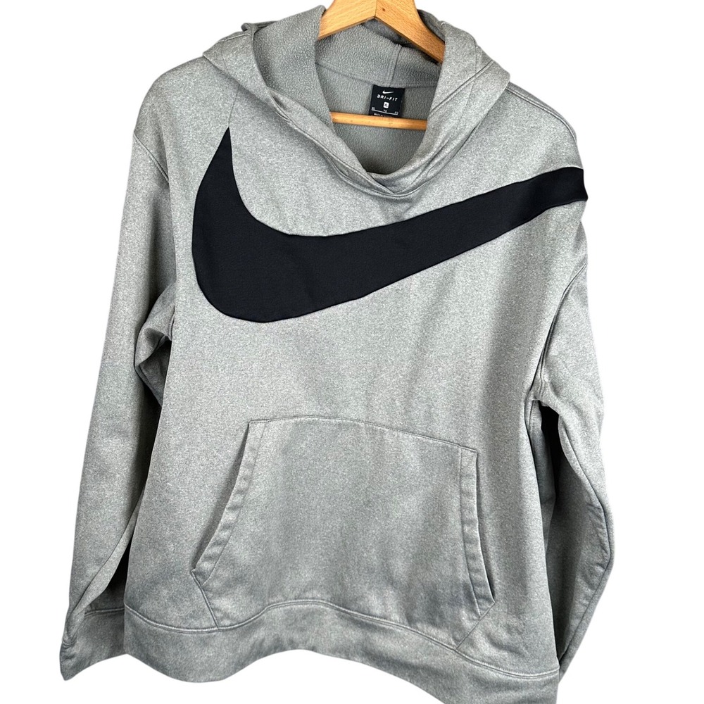 Nike Dri-FIT Mens XL Grey Big Swoosh Pullover Hoodie Sweatshirt Heathered Grey